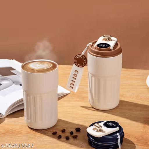 White & Brown 460ml Digital Display Stainless Steel Vacuum Insulated Travel Mug – Leak-Proof Thermos Flask for Hot & Cold Beverages