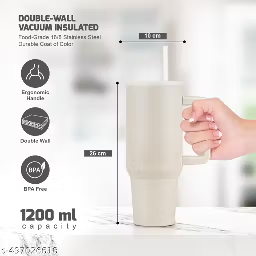 Cream Stainless Steel Vacuum Insulated Travel Mug with Lid & Straw – Leak-Proof Double Wall Coffee Tumbler for Hot & Cold Drinks