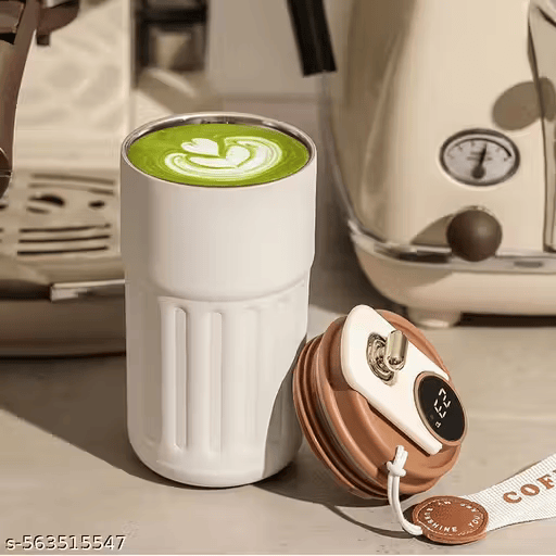 White & Brown 460ml Digital Display Stainless Steel Vacuum Insulated Travel Mug – Leak-Proof Thermos Flask for Hot & Cold Beverages