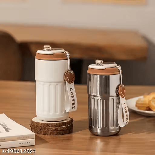 White & Brown 460ml Digital Display Stainless Steel Vacuum Insulated Travel Mug – Leak-Proof Thermos Flask for Hot & Cold Beverages