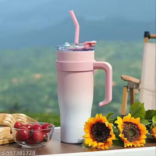 SipSera Tumbler with Handle & Straw Lid – Pink White Insulated Travel Mug