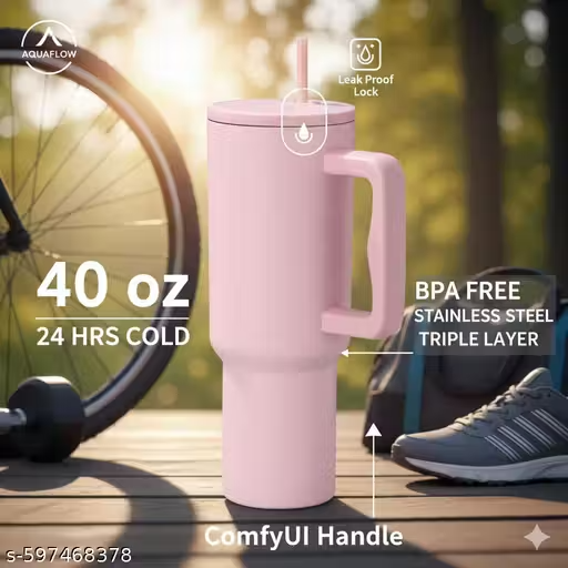 40 oz (1200 ml) Pink Stainless Steel Insulated Tumbler with Straw & Spill-Proof Lid – Double Wall Hot & Cold Travel Cup for Water, Coffee & Iced Drinks