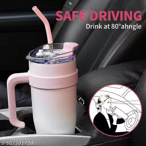 SipSera Tumbler with Handle & Straw Lid – Pink White Insulated Travel Mug
