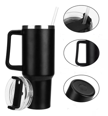 Double Wall Stainless Steel Tumbler 1200ml | Hot & Cold Cup with Handle, Lid & 2 Straws
