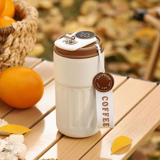 White & Brown 460ml Digital Display Stainless Steel Vacuum Insulated Travel Mug – Leak-Proof Thermos Flask for Hot & Cold Beverages