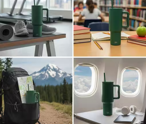40 oz (1200 ml) Green Stainless Steel Insulated Travel Mug with Handle & Straw – Leak-Resistant Lid Coffee Cup for Hot & Cold Drinks, Office, Gym & Travel