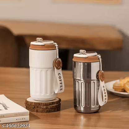 White & Brown 460ml Digital Display Stainless Steel Vacuum Insulated Travel Mug – Leak-Proof Thermos Flask for Hot & Cold Beverages