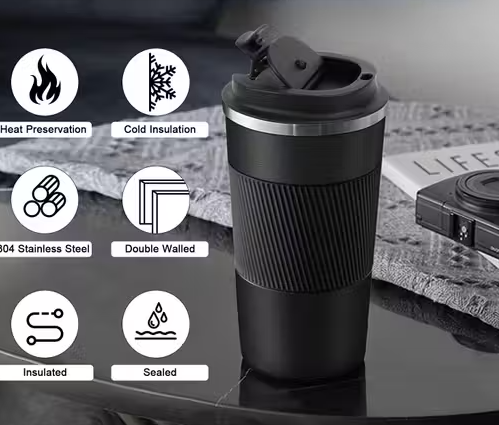 510 ml Double-Wall Vacuum Insulated Stainless Steel Coffee Tumbler with Spill-Proof Flip Lid – Black | Hot & Cold Beverage Travel Mug