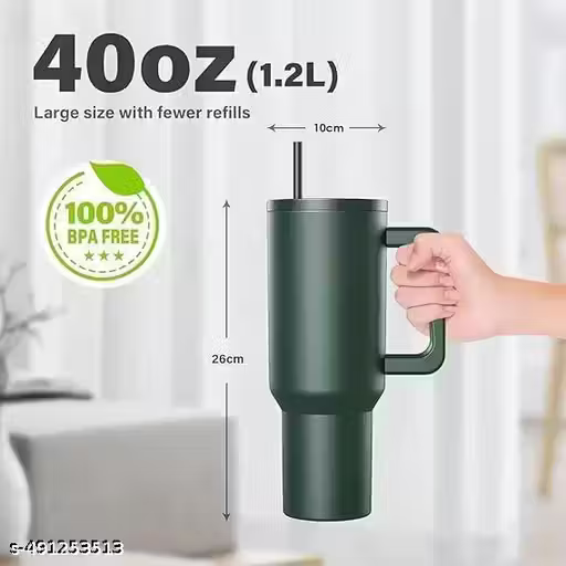 40 oz (1200 ml) Green Stainless Steel Insulated Travel Mug with Handle & Straw – Leak-Resistant Lid Coffee Cup for Hot & Cold Drinks, Office, Gym & Travel