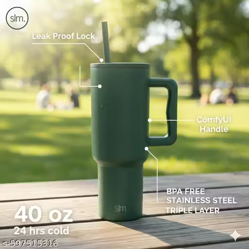 40 oz (1200 ml) Green Stainless Steel Insulated Travel Mug with Handle & Straw – Leak-Resistant Lid Coffee Cup for Hot & Cold Drinks, Office, Gym & Travel