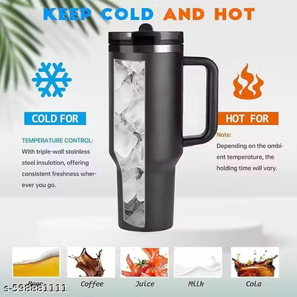Double Wall Stainless Steel Tumbler 1200ml | Hot & Cold Cup with Handle, Lid & 2 Straws