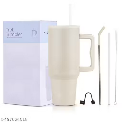 Cream Stainless Steel Vacuum Insulated Travel Mug with Lid & Straw – Leak-Proof Double Wall Coffee Tumbler for Hot & Cold Drinks