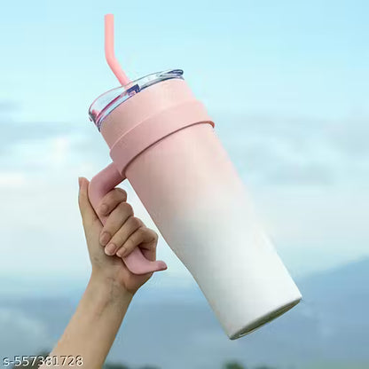 SipSera Tumbler with Handle & Straw Lid – Pink White Insulated Travel Mug