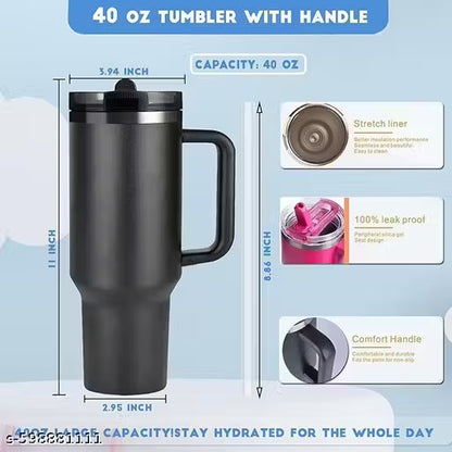 Double Wall Stainless Steel Tumbler 1200ml | Hot & Cold Cup with Handle, Lid & 2 Straws